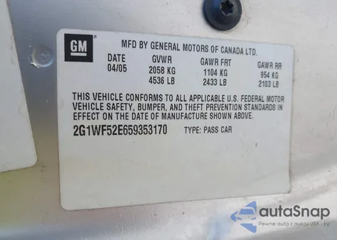 2005 Chevrolet Impala z USA, uszkodzony, nr VIN 2G1WF52E659353170